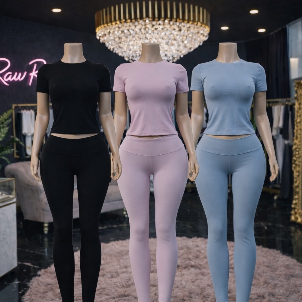 Basic sets  Ankle & Cropped Pants & TShirt - Black, Pink, and Blue